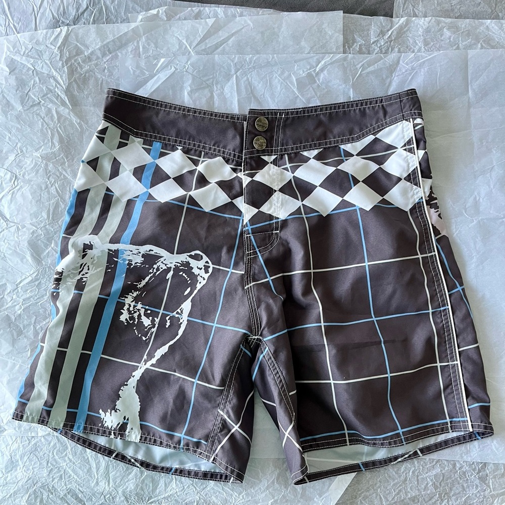 AussieBum Gray, Blue, and White Swim Board Shorts with Abstract Bear Design
